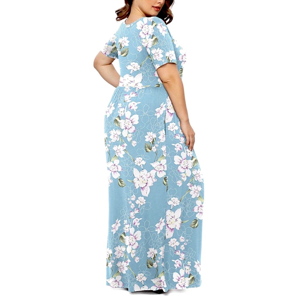 Plus Size L-5XL🌸 Turquoise Floral Magnolia Short Sleeve Maxi Dress